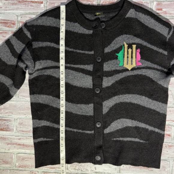 Paul Tazewell Wicked Sz M Black/Grey Stripe Button Cardigan embroidered Graphic - Picture 6 of 12